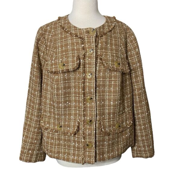 Talbots Jackets & Blazers - Talbots Womens Size 16WP Tweed Fringe Blazer Jacket Tan White Office Career